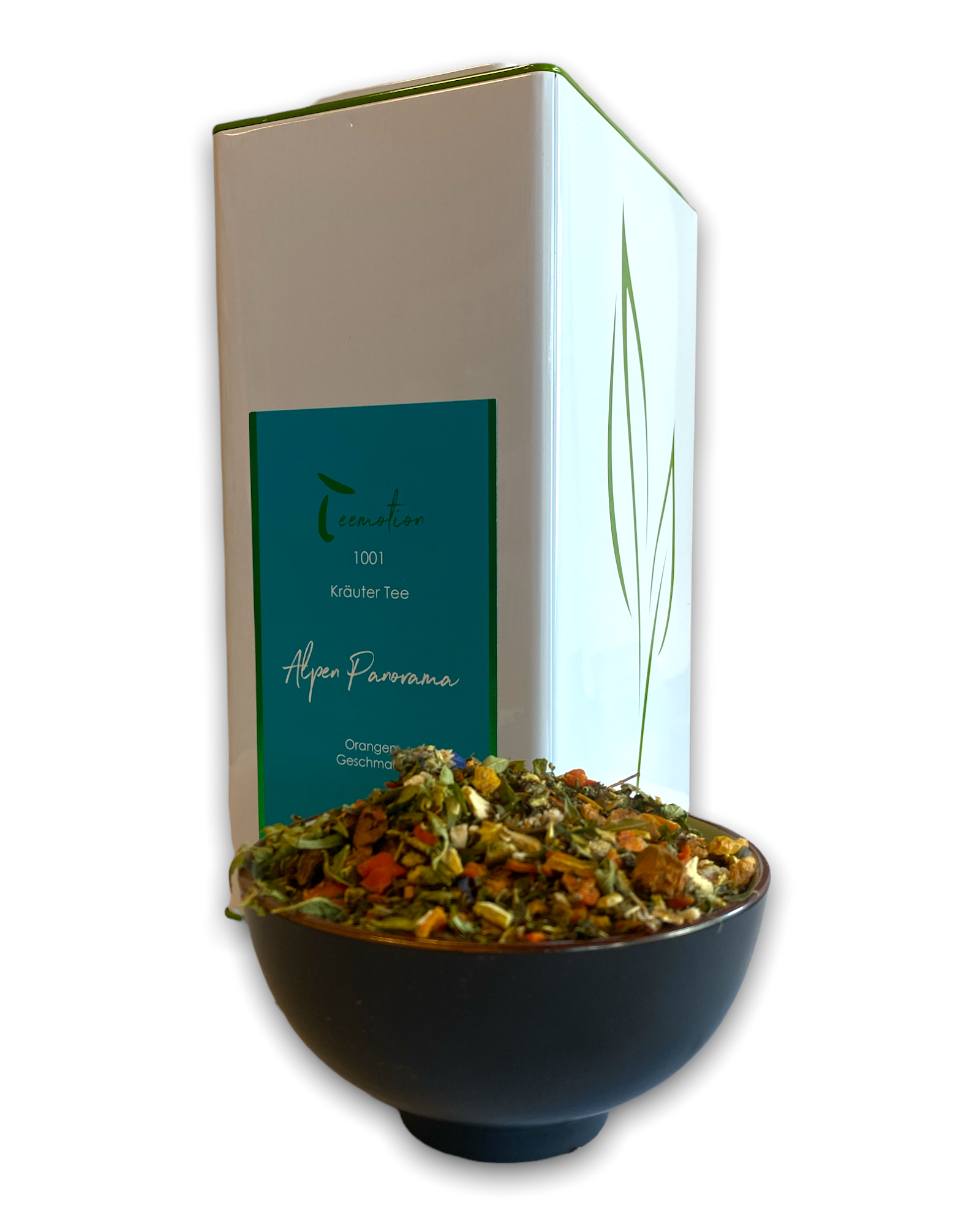 Teedose mit blauem Etikett und Teeschlae mit Kräutertee 'Alpenpanorama' in der Frontalansicht