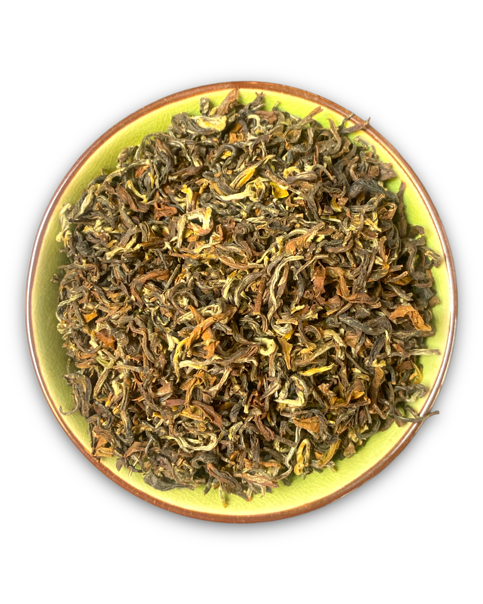 Eine Teeschale mit dem Trockenprodukt des Nepal SF SFTGFOP1 Jun Chiyabari, bestehend aus kunstvoll gedrehten Blättern in verschiedenen Brauntönen.