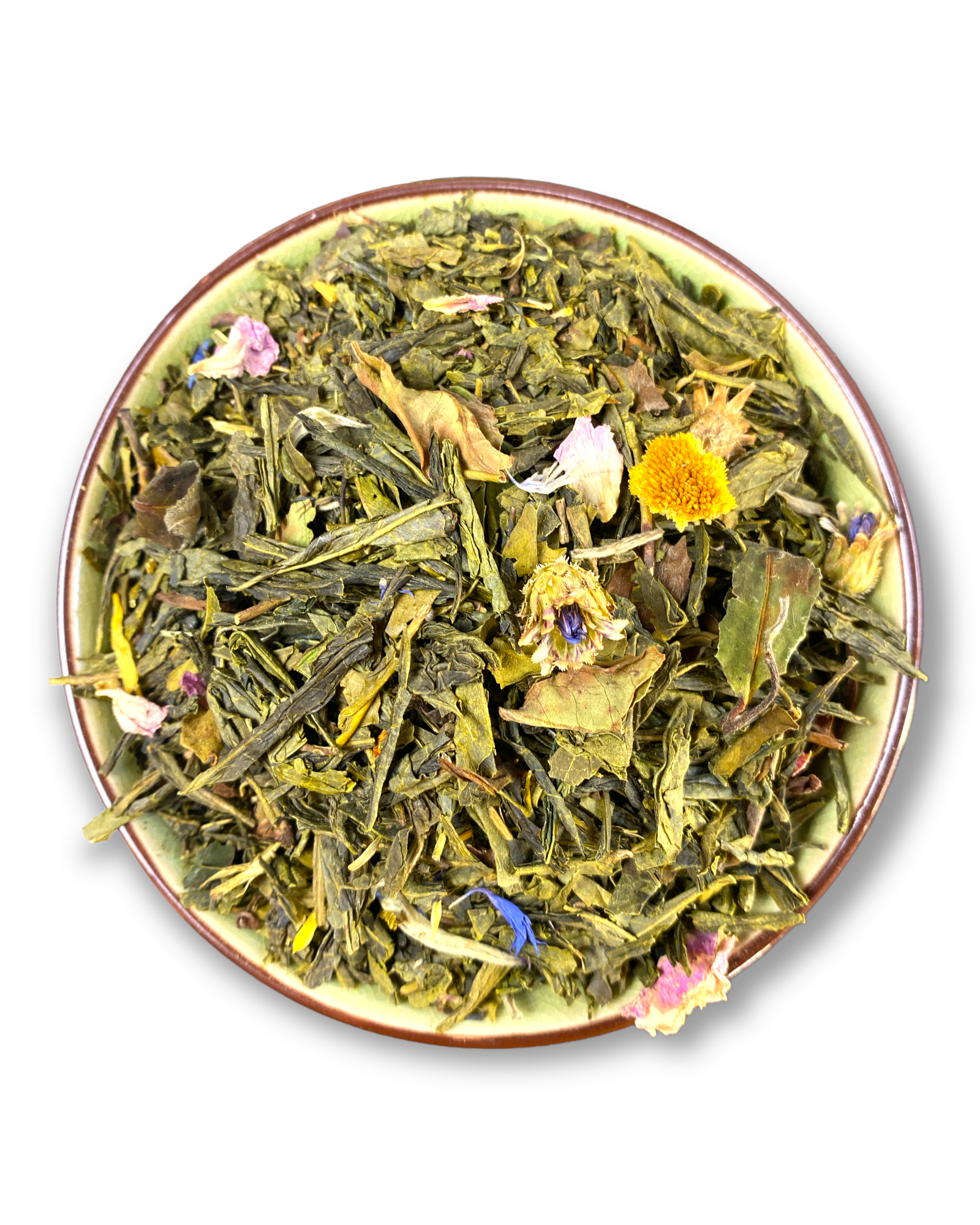 Eine Teeschale mit dem Trockenprodukt des Morning Melodie Bio, bestehend aus grünem Tee, weißem Tee, Rosenblüten, Ringelblumen und Kornblumen