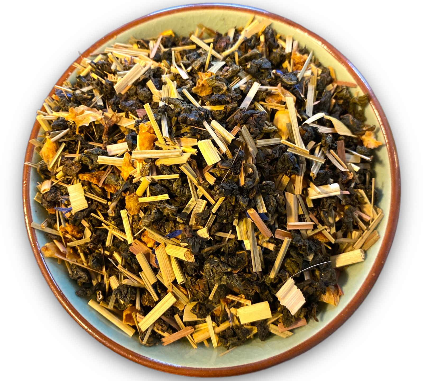 Teeschale gefüllt mit dem Rohprodukt unseres Oolong Tees 'Buttermilch-Zitrone'.