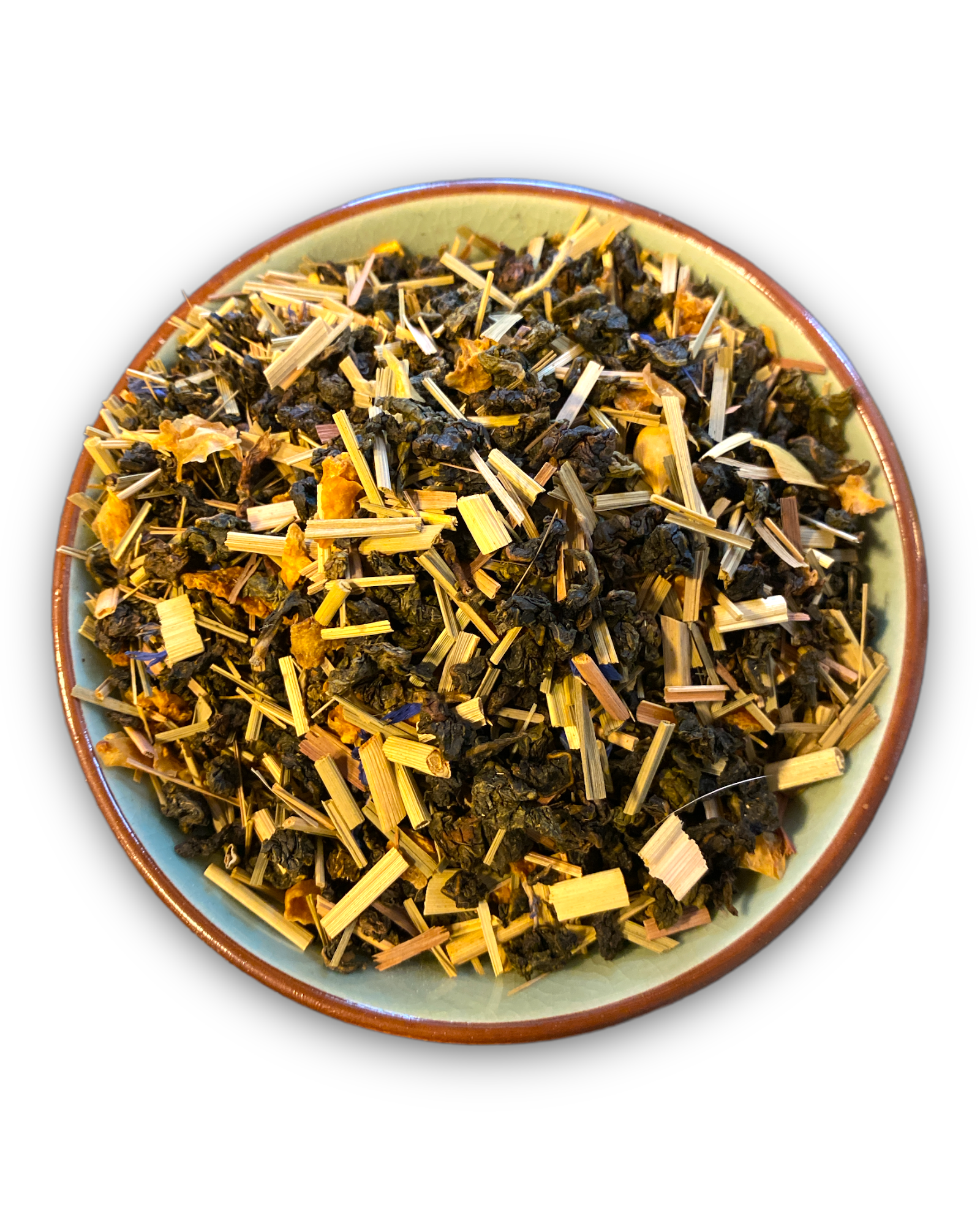 Teeschale gefüllt mit dem Rohprodukt unseres Oolong Tees 'Buttermilch-Zitrone'.