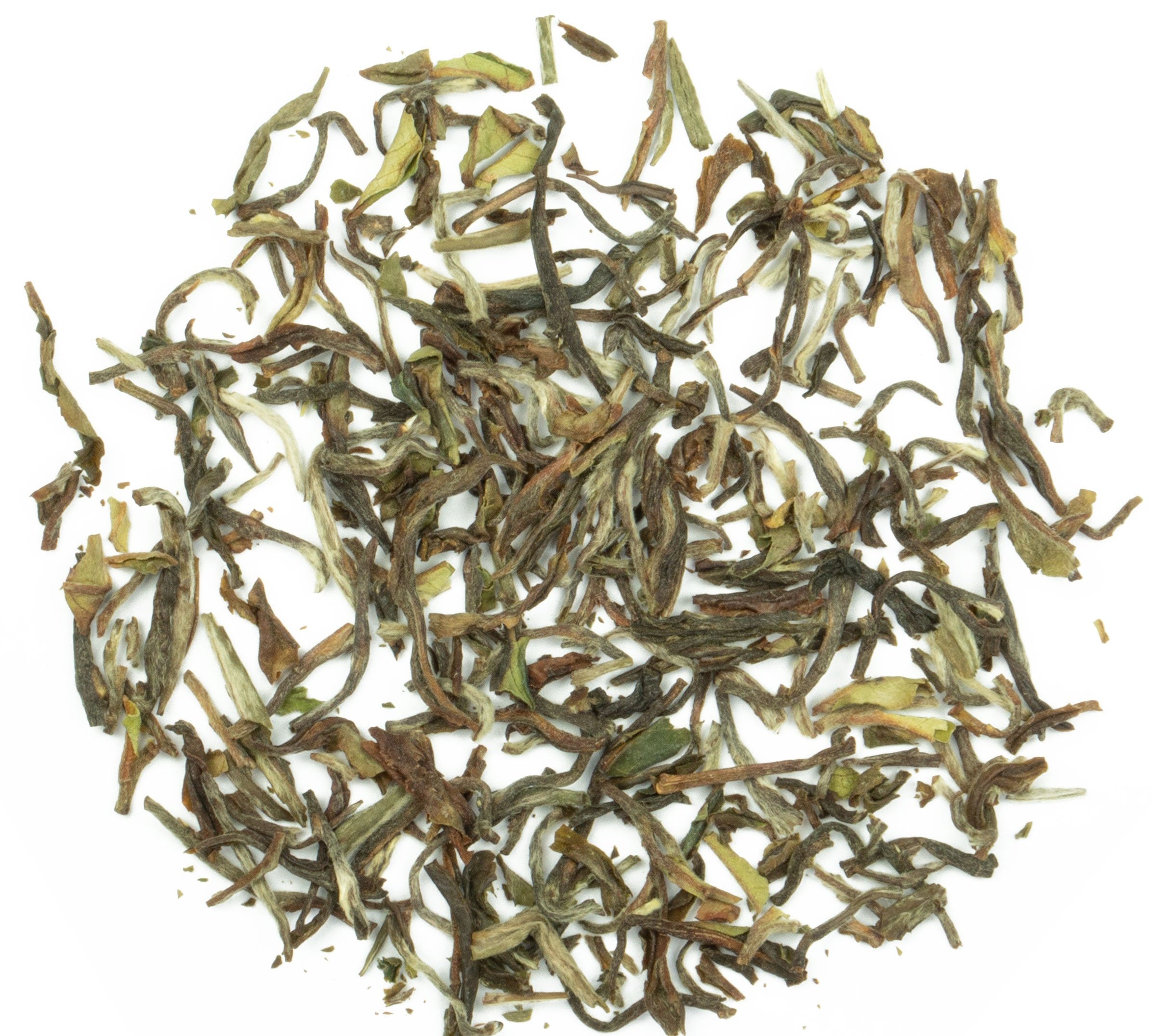 Eine Teeschale mit dem Trockenprodukt des Nepal Jun Chiyabari – Himalayan Bouquet Oolong, bestehend aus bräunlich, silbrig schimmernden, gekräuselten Blättern