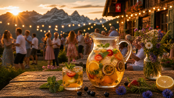 Alpine Gartenparty mit tropischer Sommerbowle auf einem Holztisch, im Hintergrund eine Hütte, verschwommene Lichterkette und tanzende Menschen bei Abendstimmung.