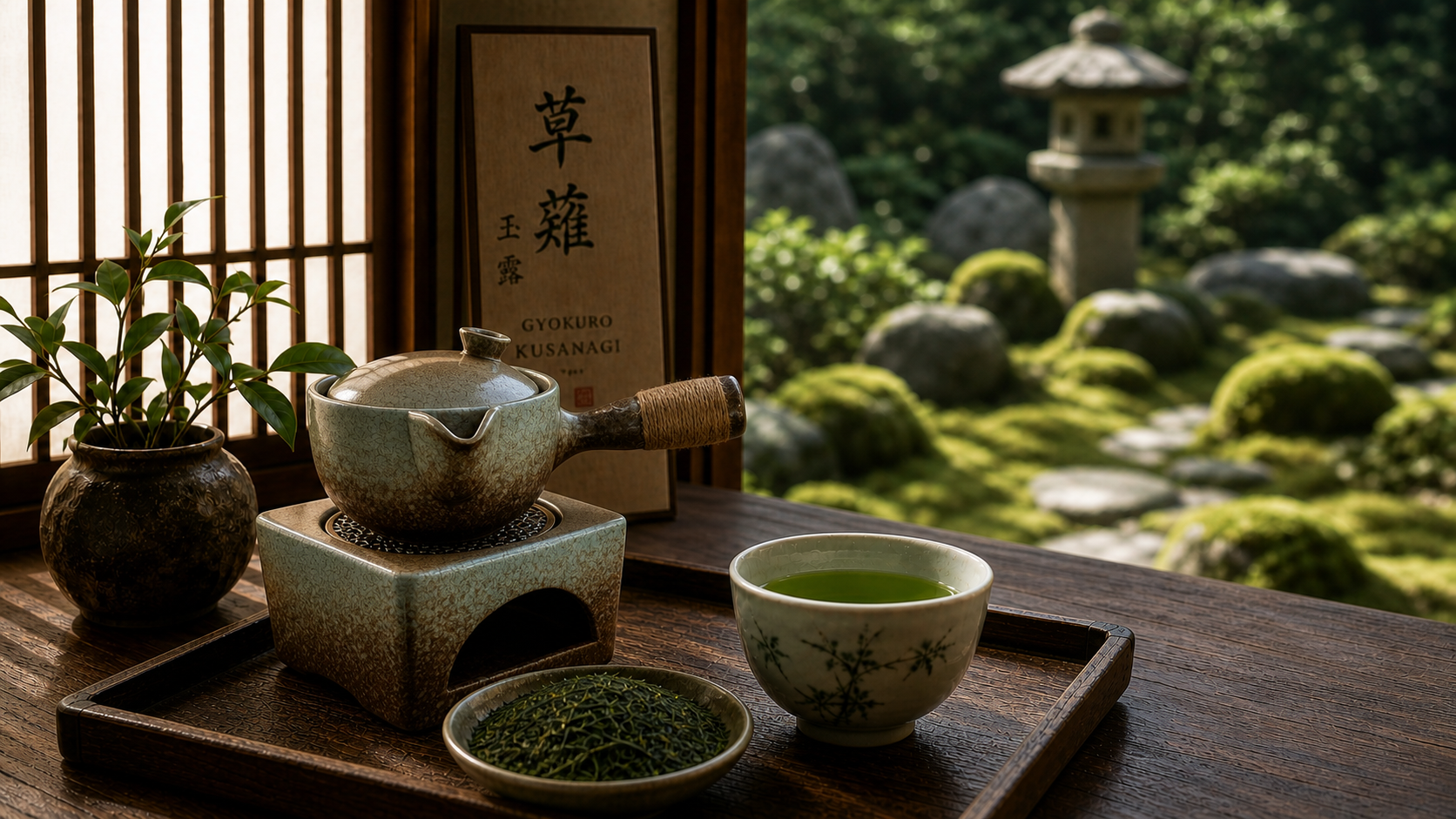 Japanisches Tee-Arrangement mit Kyusu-Kanne, Gyokuro Kusanagi Blättern und Porzellantasse im weichen Morgenlicht.