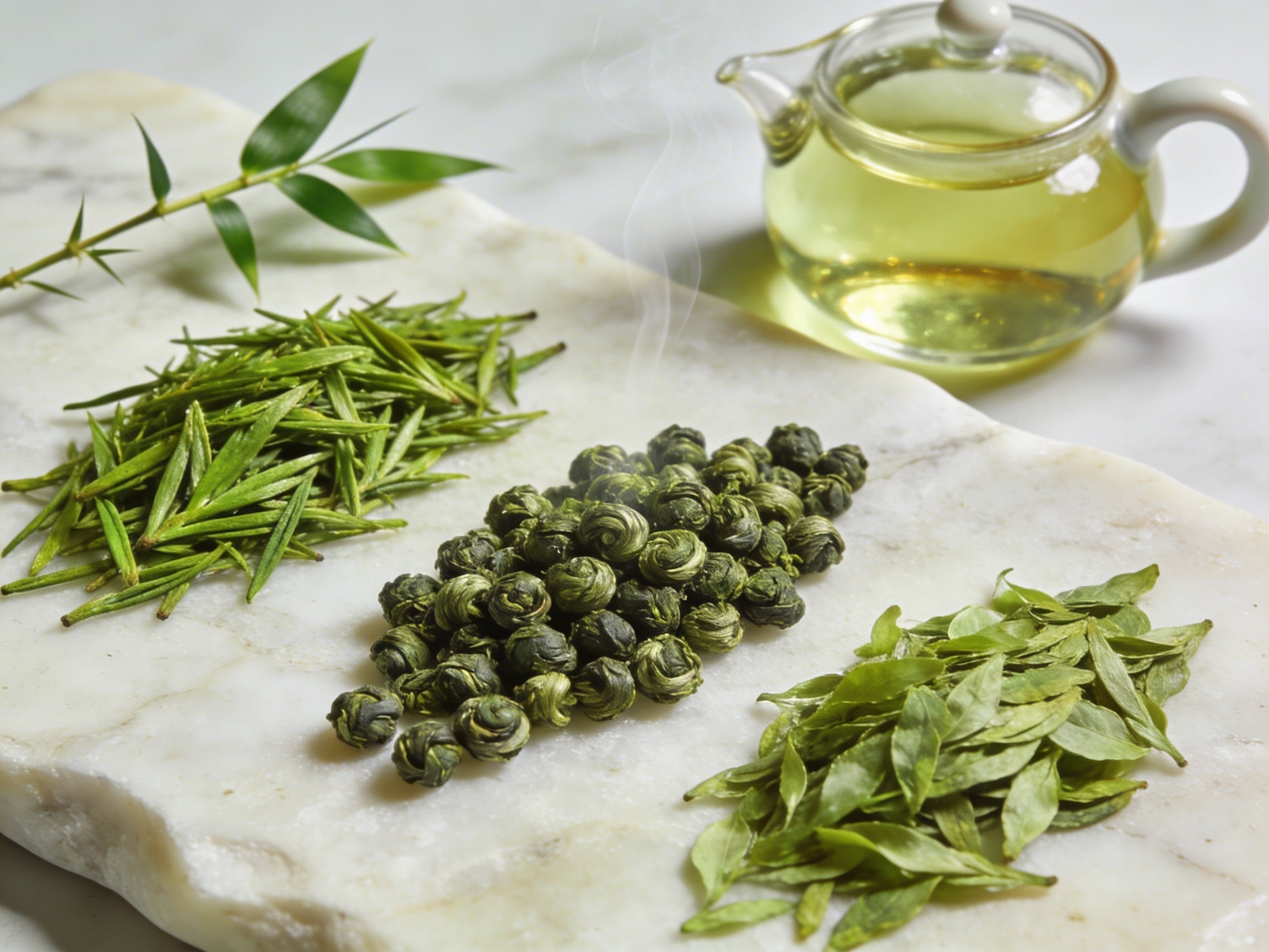 Verschiedene lose Bio Grüntee Sorten – Sencha, Gyokuro und Gunpowder – auf hellem Stein mit Glasteekanne und frischem Teekraut
