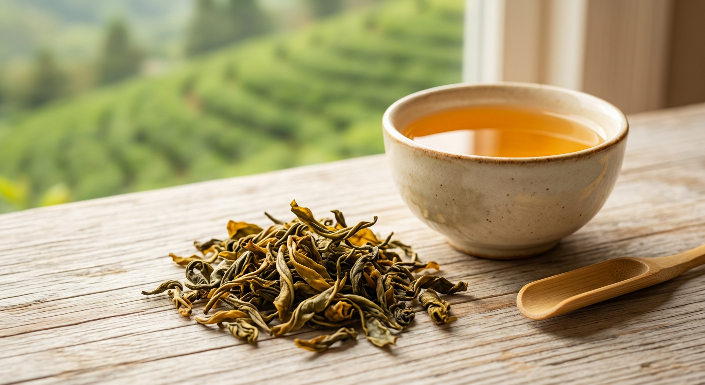 Loser Bio Oolong Tee mit teilentfalteten Blättern in Olive und Amber – rustikale Keramiktasse mit goldenem Aufguss aus Taiwan, China und Thailand