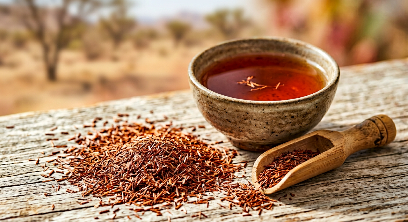 Loser Bio Rooibos Tee – feine rötliche Nadeln auf Holz mit rustikaler Keramikschale und tiefem Amber-Aufguss aus Südafrika