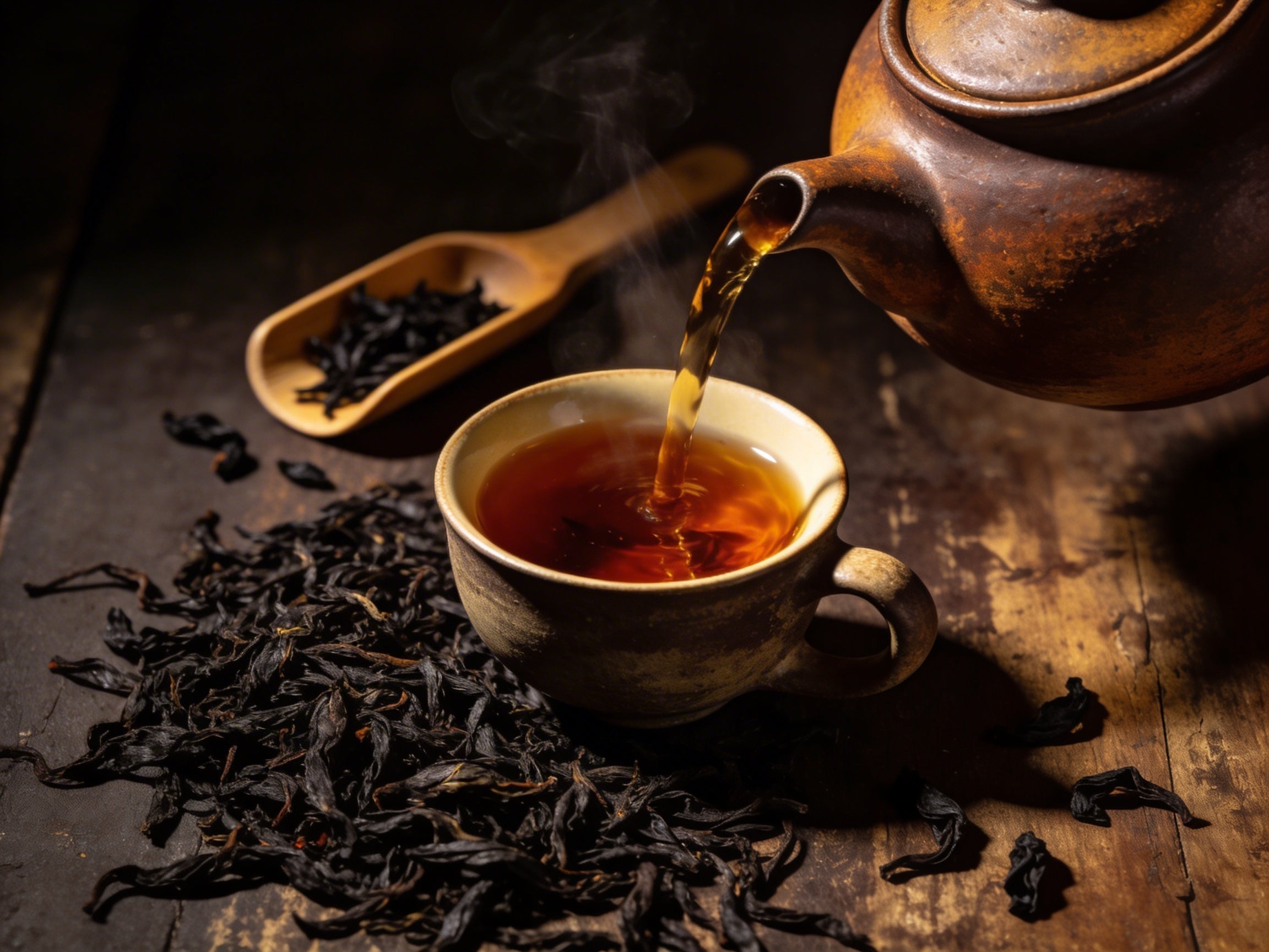 Loser Bio Schwarztee aus Darjeeling, Assam und Vietnam – dunkle Teeblätter mit dampfender Keramikteekanne und bernsteinfarbenem Aufguss
