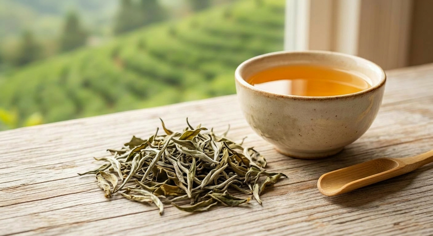Loser Bio Weisser Tee – Bai Mu Dan Blätter auf Holz mit rustikaler Keramikschale und hellem Aufguss vor grüner Teeplantage