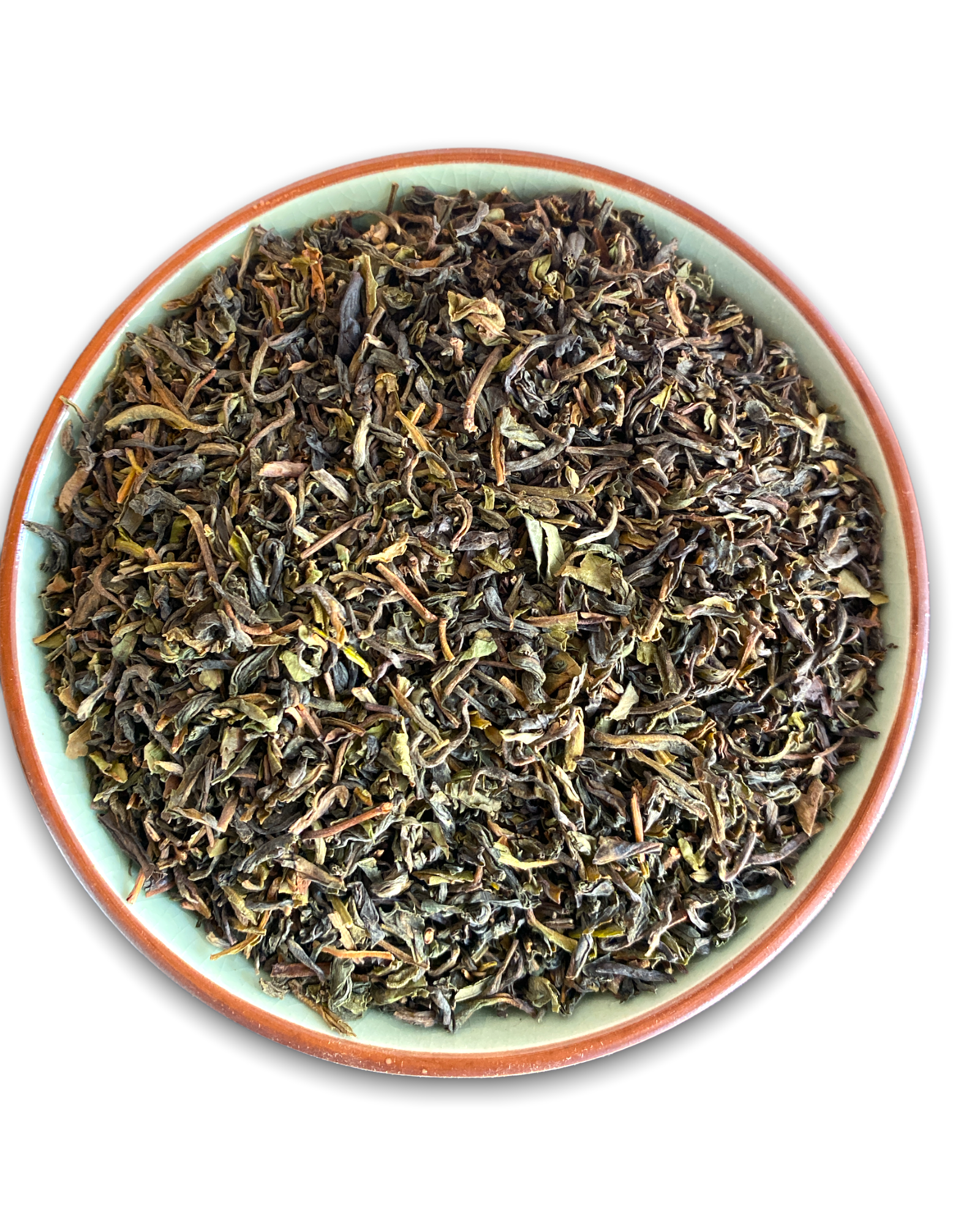 Teeschale gefüllt mit den Teebättern von unserem Schwarztee: Darjeeling FTGFOP1 SF Pussimbing Bio